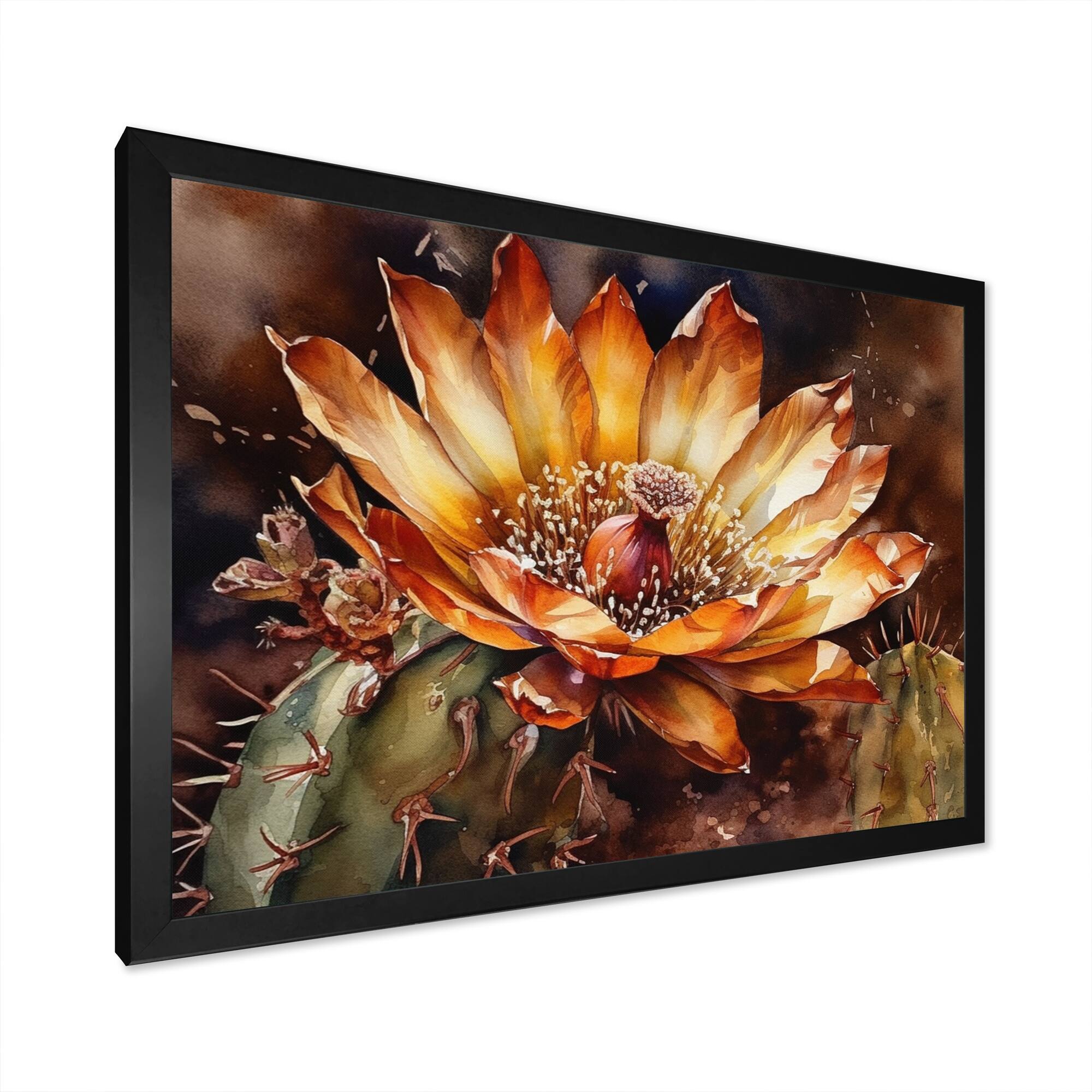 Designart "Orange Green Cactus Flower Ii" Floral Cactus Framed Wall
